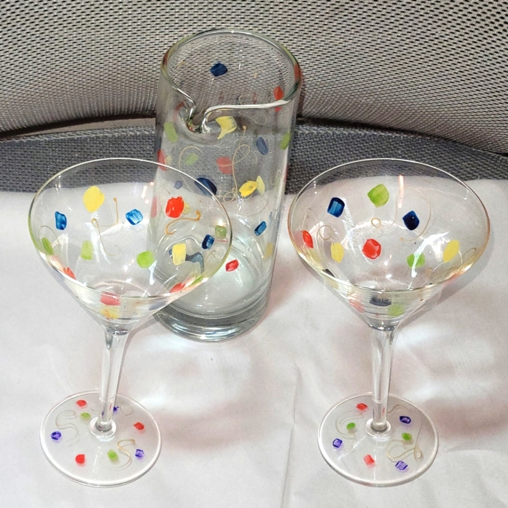 Handpainted MARTINI GLASS PITCHER BAR VODKA Cocktail Set